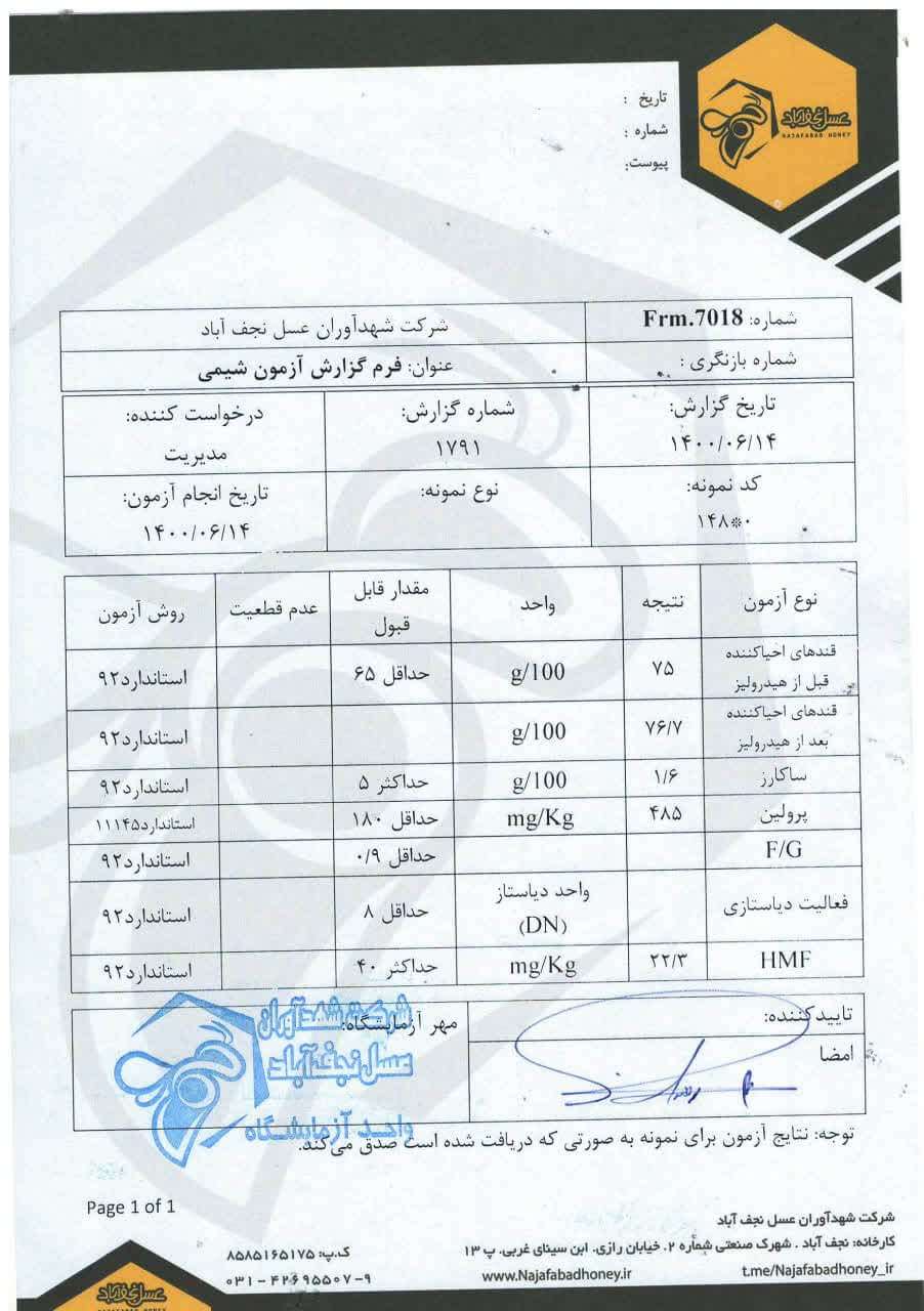 برگه آزمایش عسل آویشن سید محمد رضویان