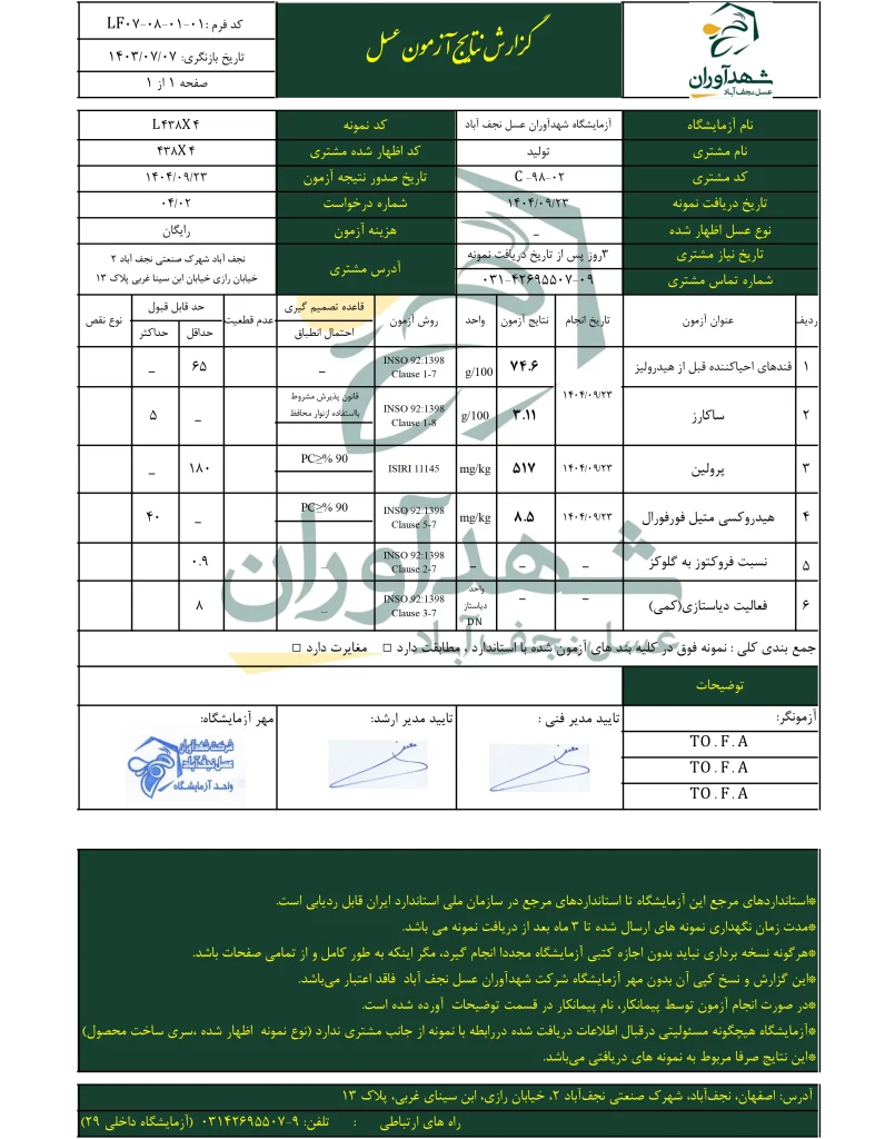 برگه آزمایش عسل چند گیاه کوهستان سید محمد رضویان