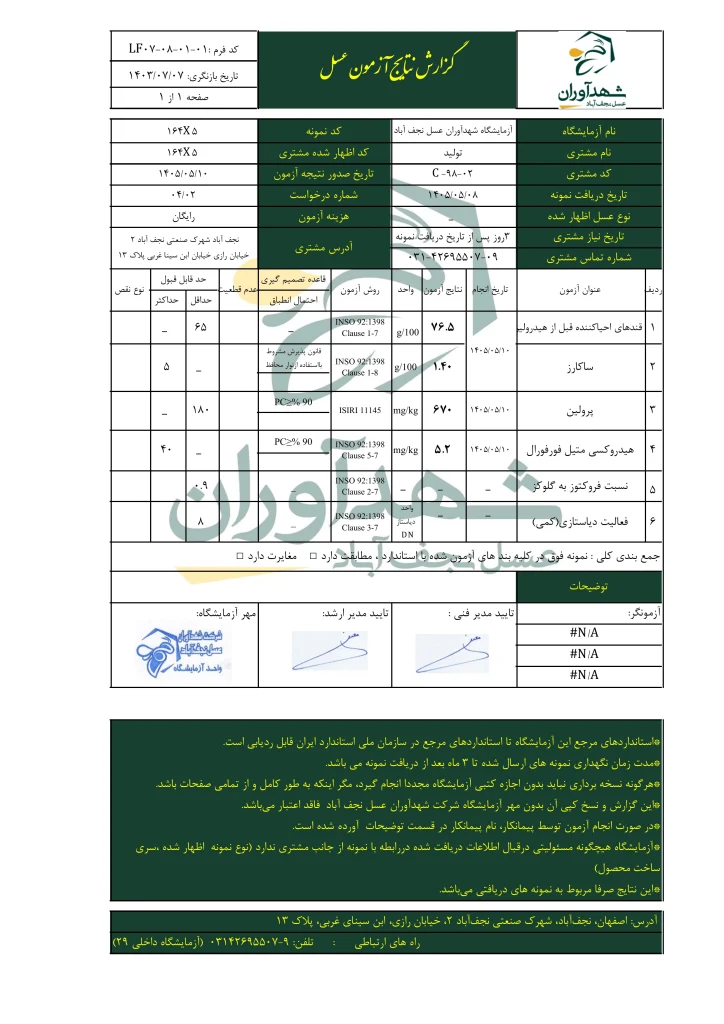 برگه آزمایش عسل کما سید محمد رضویان